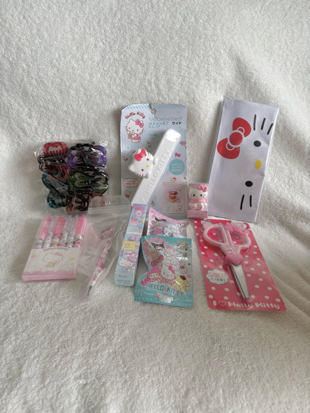 Hello Kitty Bundle #3A - Hair Clips, Scissors, Bag Clip, Pens, Erasers & More